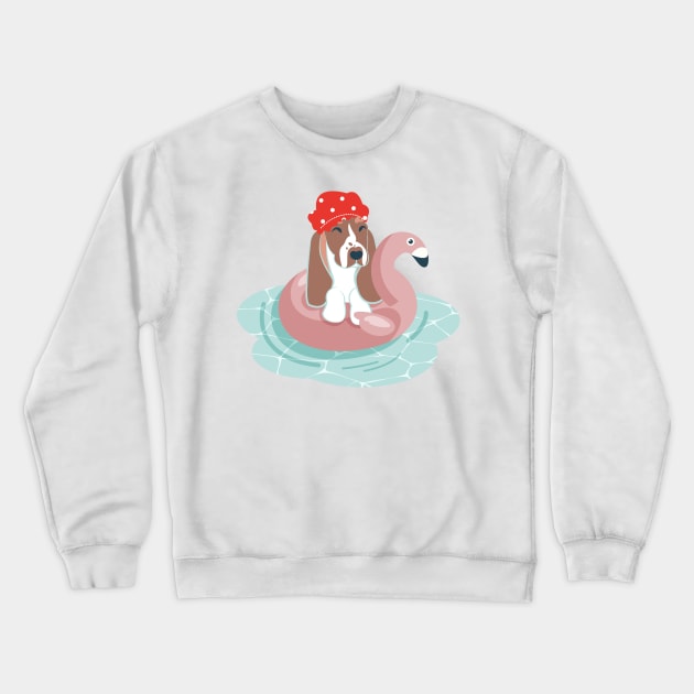 Summer pool pawty // aqua background basset hound dog breed in vacation playing on swimming pool float Crewneck Sweatshirt by SelmaCardoso